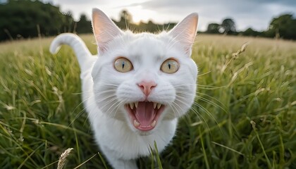 Playful White Cat in Green Grass