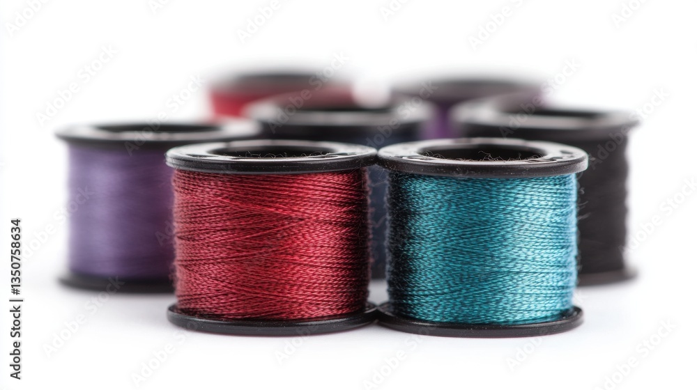 Poster various spools of thread in vibrant colors are stacked closely together, showcasing an array of opti