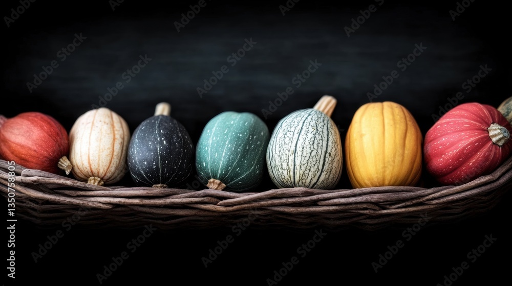 Poster different types of pumpkins in vibrant colors are neatly arranged in a woven basket, creating an app