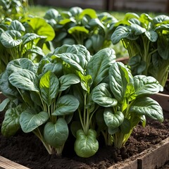 Lush Green Spinach Plants Growing in a Raised Garden Bed