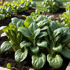 Vibrant Green Spinach Plants Growing in a Raised Garden Bed