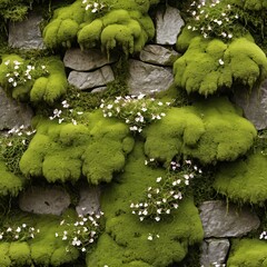 Mossy Stone Wall with Delicate White Flowers