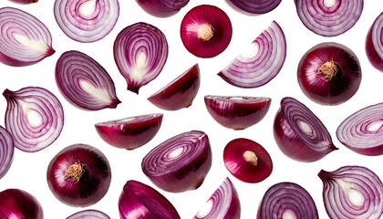 Red Onions, Sliced and Whole, Isolated on White Background