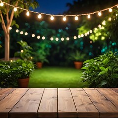 Wooden Table in a Relaxing Garden at Night with String Lights
