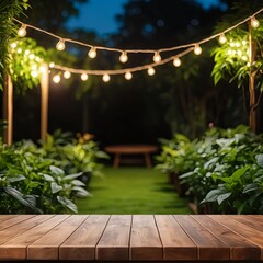 Wooden Table in a Tranquil Garden at Night with String Lights