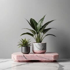Minimalist Home Decor Pink Marble Plant Stand with Green Plants