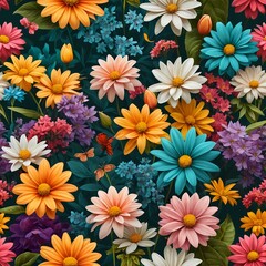 Vibrant Spring Flower Meadow Seamless Pattern