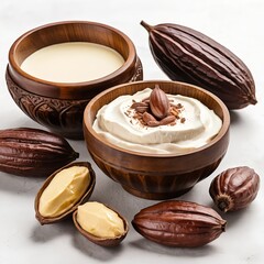 Creamy Cacao Butter and Cocoa Milk in Wooden Bowls