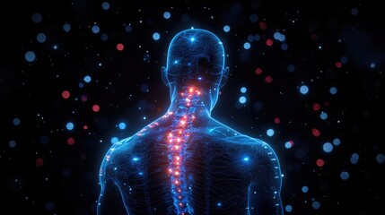 Naklejka premium An illustration of the human spine, highlighting pain and meteorological effects in bright blue color on dark background. The translucent skin is detailed 