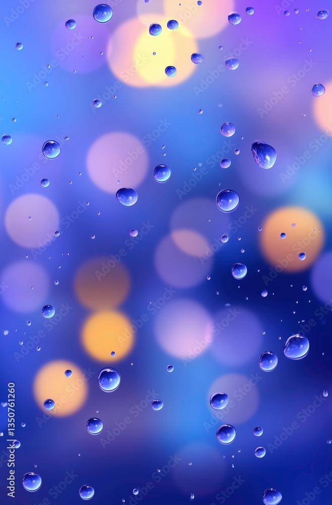Poster dreamy raindrops and bokeh: an artistic macro shot of water droplets clinging to a surface, with a s