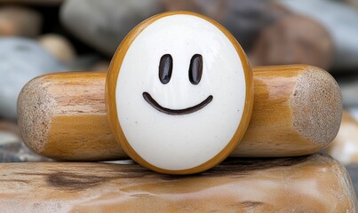 Happy Face Icon on Wooden Background with Natural Stones, Cheerful Expression, Isolated Smiley Emblem for Joyful Artwork and Designs
