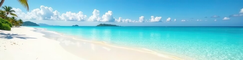 Fototapeta premium Calm turquoise saltwater lake, white sandy beach , cloud, bright