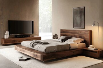 A Modern Bedroom Furnished With Bed Television And Furniture