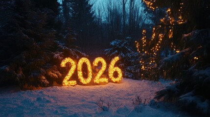 Glowing numbers for the year 2026 stand amidst snow-covered trees in a tranquil winter landscape during twilight