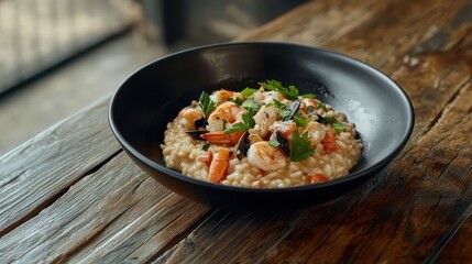 Creamy seafood risotto in a black bowl on a rustic wooden table.