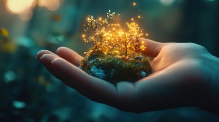 Fototapeta premium A hand holding glowing plants