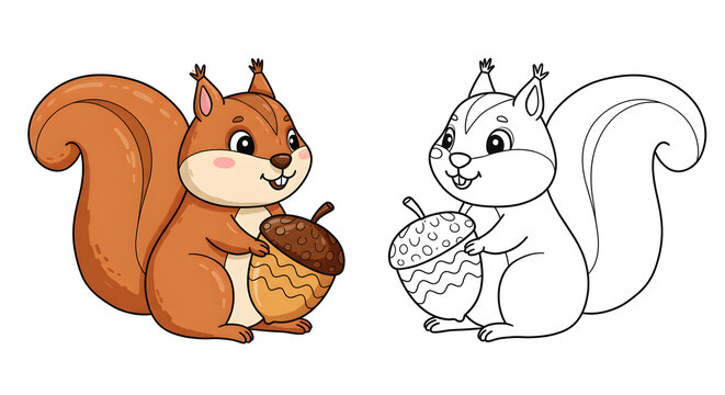 Cute cartoon squirrel holding an acorn, illustration and coloring page template