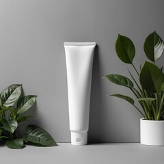 White Cosmetic Tube Mockup with Tropical Plants