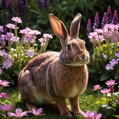 Adorable Brown Rabbit in a Flower Garden