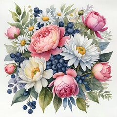 Watercolor Floral Bouquet Peonies, Daisies, and Blueberries
