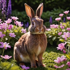 Adorable Brown Rabbit in a Flower Garden