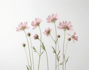 Delicate Pink Cosmos Flowers on White Background