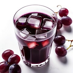 Refreshing Glass of Grape Juice with Ice Cubes and Grapes
