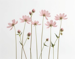 Delicate Pink Cosmos Flowers on White Background