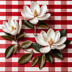 Three Magnolia Blossoms on Red Gingham