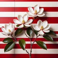 Magnolia Blossoms Against Red and White Stripes