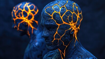 blue figure with anatomically accurate basil ganglia within their head glowing in orange, anatomically accurate diagram,