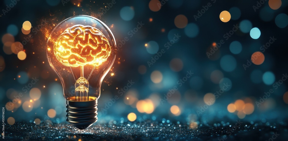 Poster illuminated brain concept in light bulb, symbolizing creativity, innovation, and inspiration in abst