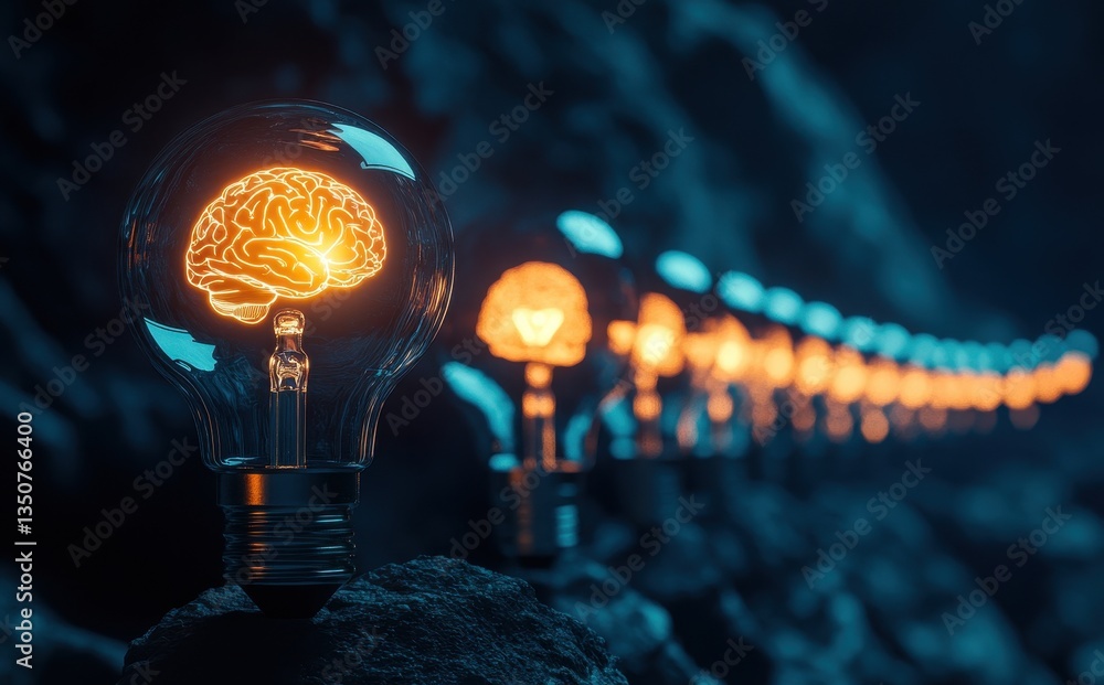 Poster illuminated brain inside light bulb symbolizing creativity, innovation, and ideas with glowing pathw