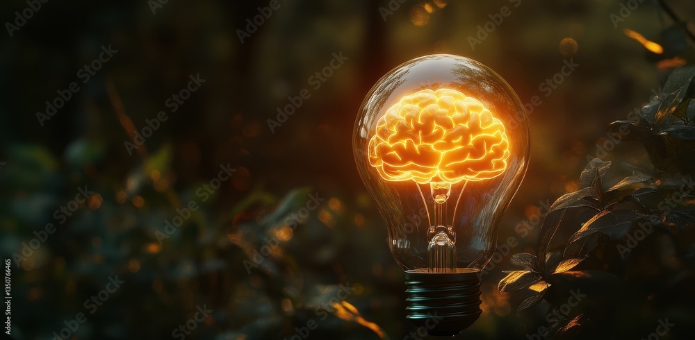 Poster Illuminated Brain Inside Light Bulb Symbolizing Creativity, Innovation, and Ideas in Nature Setting with Soft Glowing Lights and Greenery Background