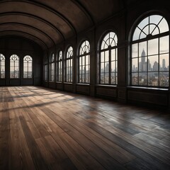 Naklejka premium Sunlit Empty Room with City View