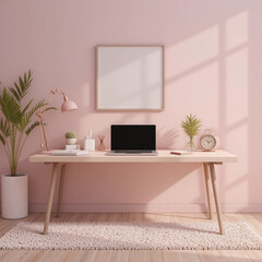 Fototapeta premium Home Office Desk Setup with Laptop, Plant and Clock in Pink Room