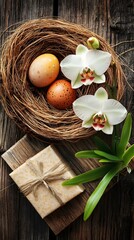 Easter Eggs Nest Orchids Gift Spring Wooden Background