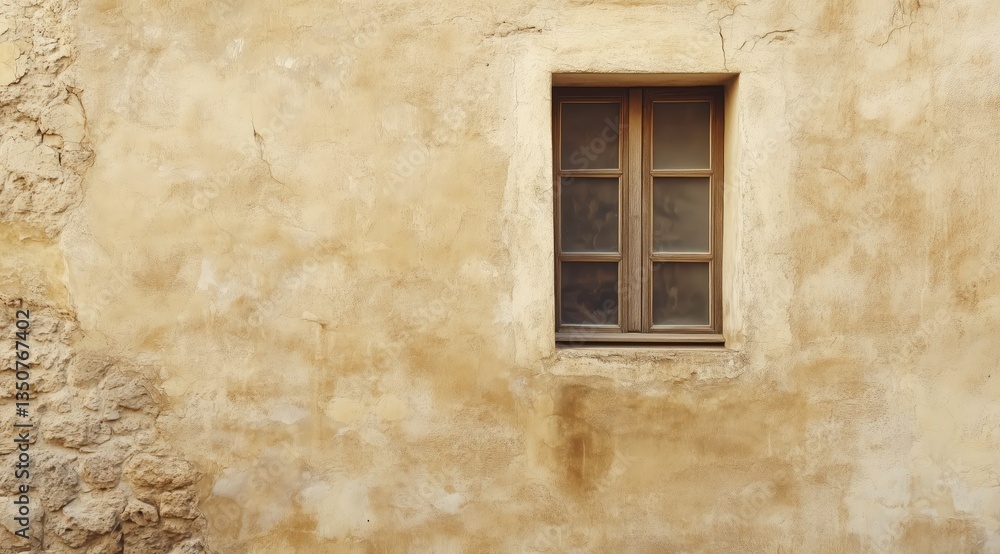 Poster window in weathered building: a square window nestled in a textured, aged stone wall. the image exud