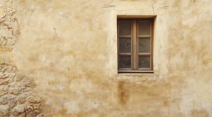 Fototapeta premium Window in weathered building: A square window nestled in a textured, aged stone wall. The image exudes a sense of history, nostalgia, and the passage of time.
