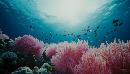 Vibrant pink coral reef teeming with diverse fish, bathed in sunlight penetrating the ocean's surface. A breathtaking underwater scene.