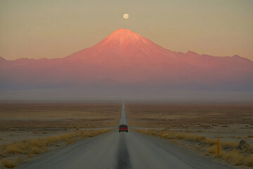 Serene desert landscape featuring a lone vehicle on a long, straight road leading towards a majestic mountain range bathed in the soft glow of sunset. Full moon visible in the sky.
