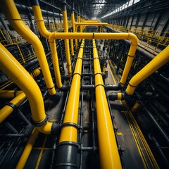 Industrial Piping System Yellow Pipes in a Factory
