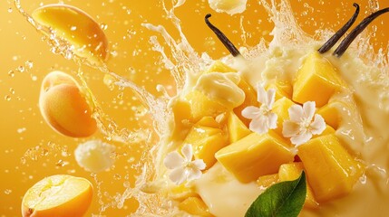 create a realsitic high quality image of frozen mangos exploding all around, peaches, vanilla bean pods and small white flower petals with a transparent liquid