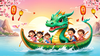 Happy Cartoon Kids Dragon Boat