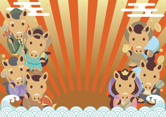 年賀状　年賀　2026　フレーム　干支　七福神　日の出　午年　午　馬　うま　かわいい　イラスト
