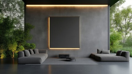 Fototapeta premium Blank square frame with warm backlighting hangs on a concrete wall in a minimalist luxury outdoor lounge surrounded by green trees.