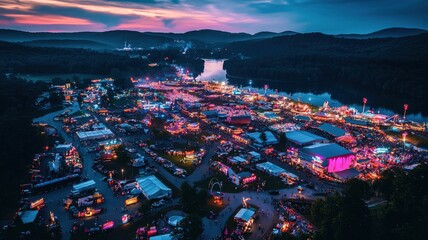 Aerial View of a City at Night with a Brightly Lit Festival and Fireworks