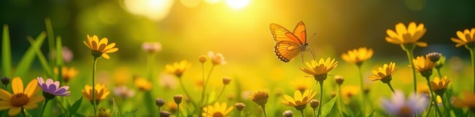 Golden sunlight bathes vibrant butterflies flitting above wildflowers in a lush green meadow , butterflies, wildlife, orange