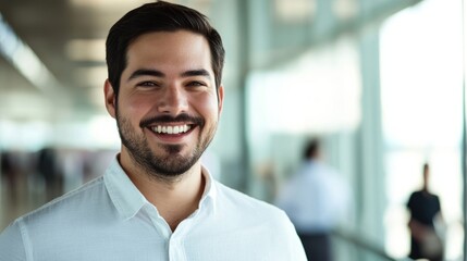 Confident man smiling in airport, exuding positivity and readiness for travel.
