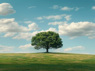 Fototapeta premium Lone tree stands in a grassy field with a clear blue sky above